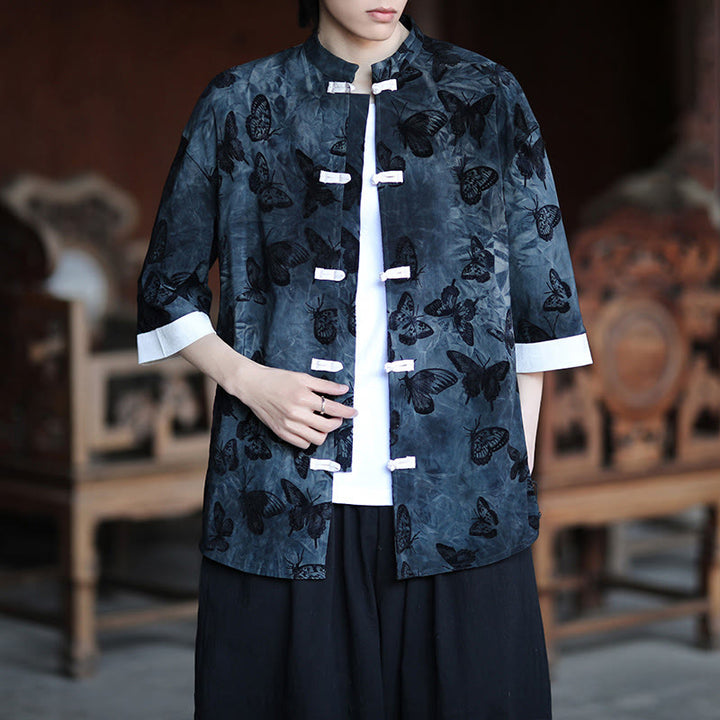 Camisa tipo cárdigan de algodón para hombre, con cuello alto, manga tres cuartos y estampado de mariposas y jacquard con diseño de rana blanca y botones