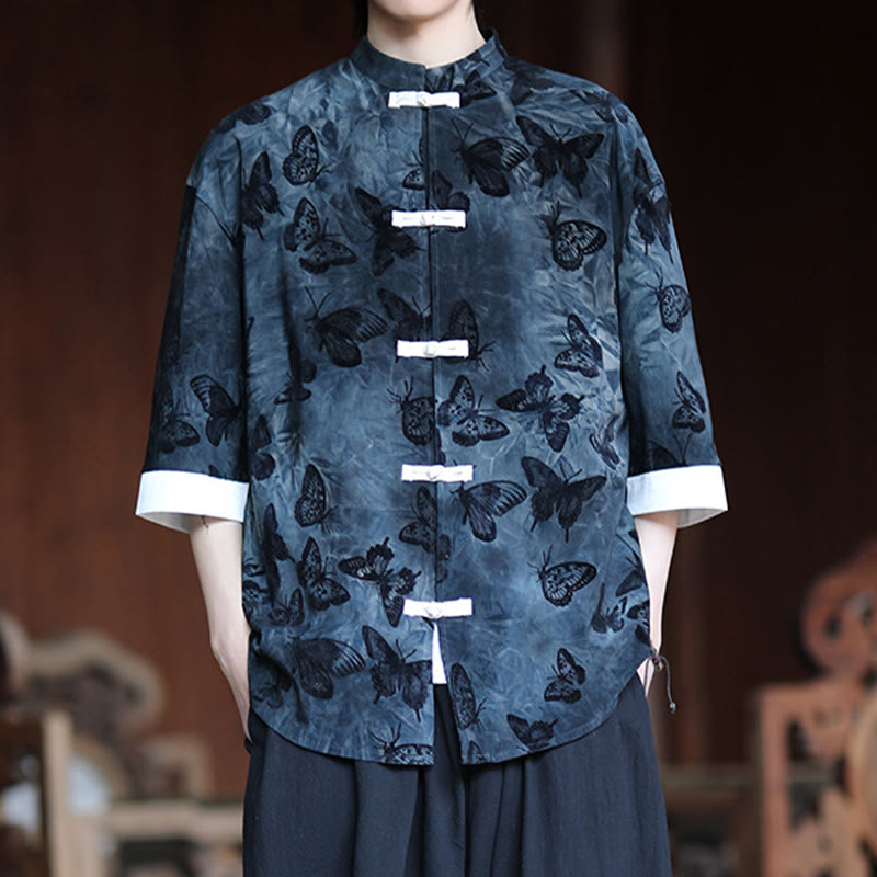 Camisa tipo cárdigan de algodón para hombre, con cuello alto, manga tres cuartos y estampado de mariposas y jacquard con diseño de rana blanca y botones