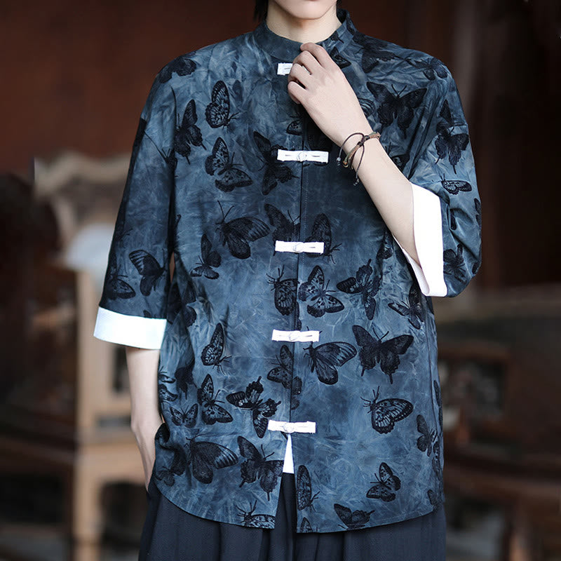 Camisa tipo cárdigan de algodón para hombre, con cuello alto, manga tres cuartos y estampado de mariposas y jacquard con diseño de rana blanca y botones