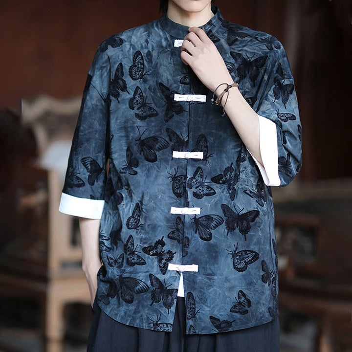 Camisa tipo cárdigan de algodón para hombre, con cuello alto, manga tres cuartos y estampado de mariposas y jacquard con diseño de rana blanca y botones