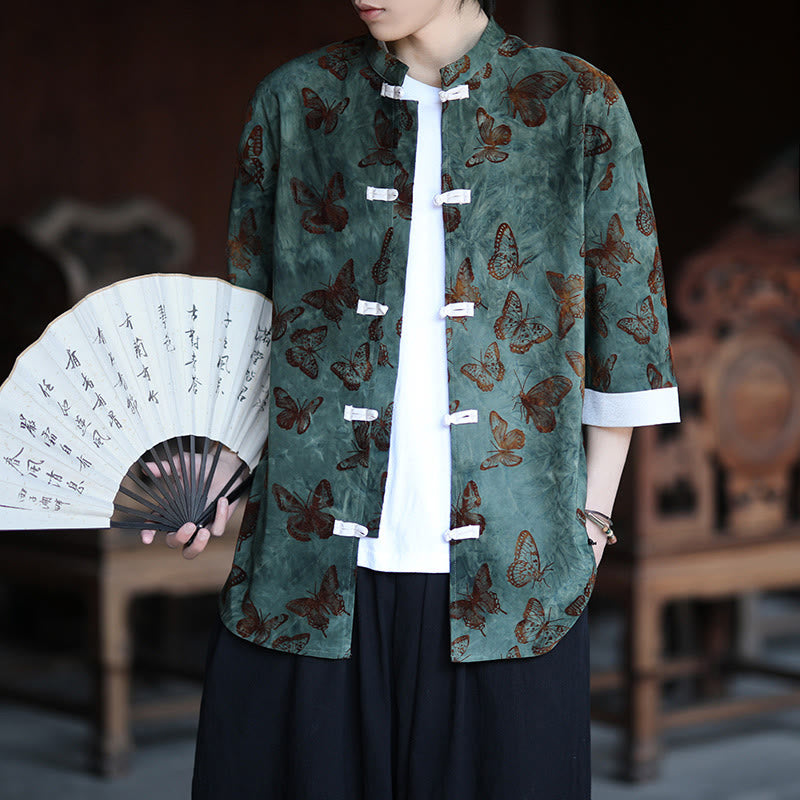 Camisa tipo cárdigan de algodón para hombre, con cuello alto, manga tres cuartos y estampado de mariposas y jacquard con diseño de rana blanca y botones