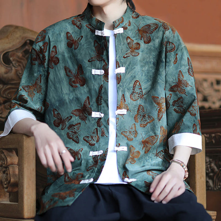Camisa tipo cárdigan de algodón para hombre, con cuello alto, manga tres cuartos y estampado de mariposas y jacquard con diseño de rana blanca y botones