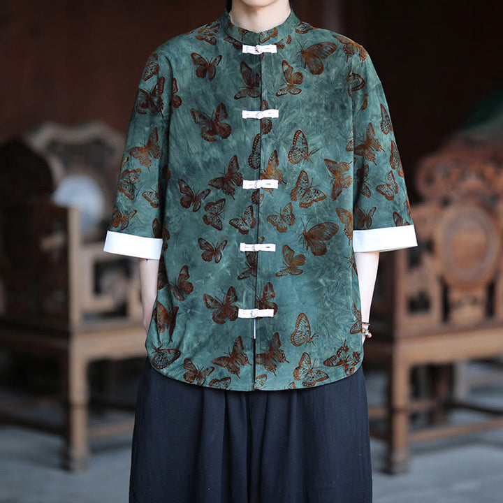 Camisa tipo cárdigan de algodón para hombre, con cuello alto, manga tres cuartos y estampado de mariposas y jacquard con diseño de rana blanca y botones