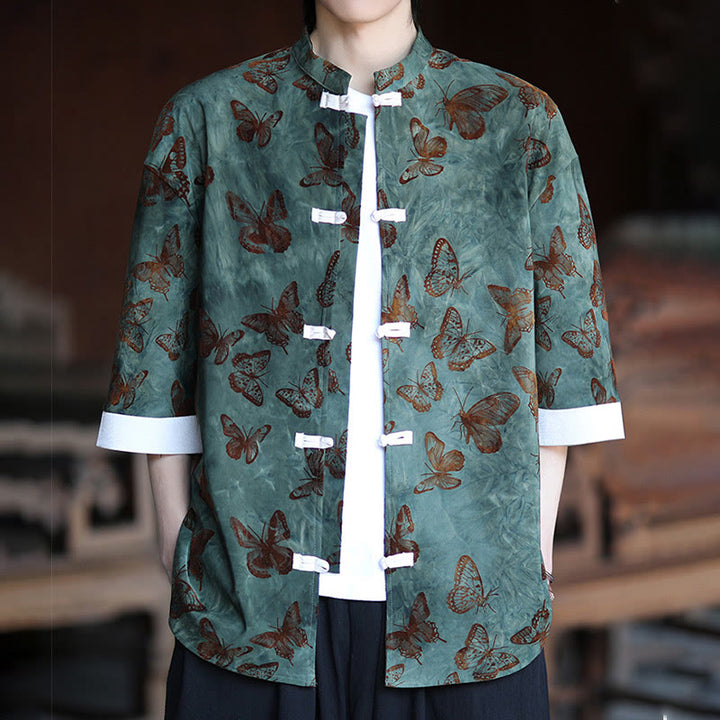 Camisa tipo cárdigan de algodón para hombre, con cuello alto, manga tres cuartos y estampado de mariposas y jacquard con diseño de rana blanca y botones