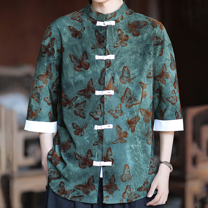 Camisa tipo cárdigan de algodón para hombre, con cuello alto, manga tres cuartos y estampado de mariposas y jacquard con diseño de rana blanca y botones