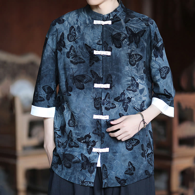 Camisa tipo cárdigan de algodón para hombre, con cuello alto, manga tres cuartos y estampado de mariposas y jacquard con diseño de rana blanca y botones