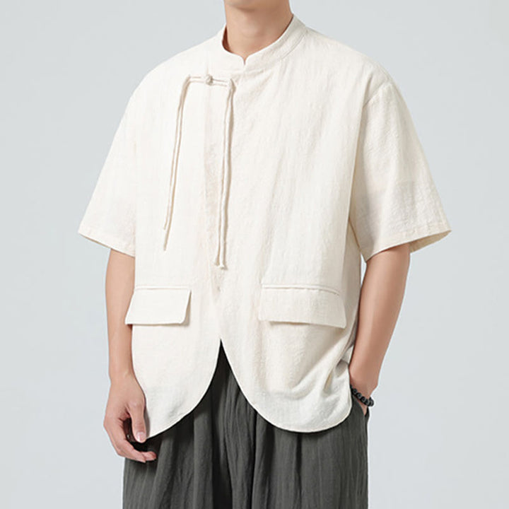 Camisa de algodón de media manga para hombre, estilo cárdigan vintage con diseño de dobladillo irregular, cuello alto y bolsillos, con estampado de Buddha Stones. - image 4