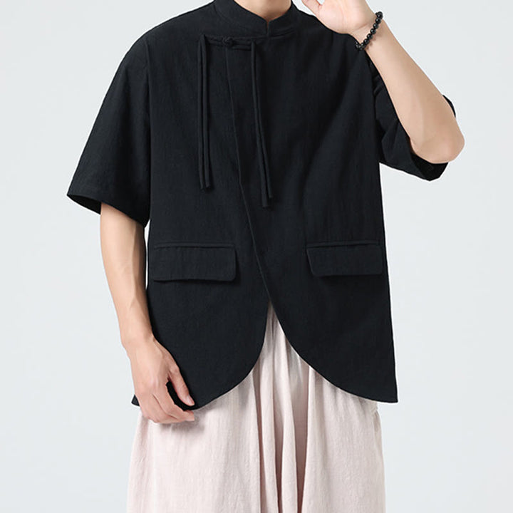 Camisa de algodón de media manga para hombre, estilo cárdigan vintage con diseño de dobladillo irregular, cuello alto y bolsillos, con estampado de Buddha Stones. - image 17