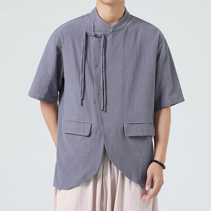 Camisa de algodón de media manga para hombre, estilo cárdigan vintage con diseño de dobladillo irregular, cuello alto y bolsillos, con estampado de Buddha Stones. - image 23