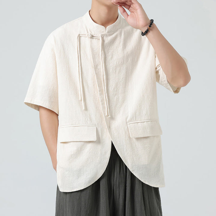 Camisa de algodón de media manga para hombre, estilo cárdigan vintage con diseño de dobladillo irregular, cuello alto y bolsillos, con estampado de Buddha Stones. - image 2