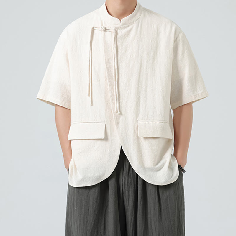 Camisa de algodón de media manga para hombre, estilo cárdigan vintage con diseño de dobladillo irregular, cuello alto y bolsillos, con estampado de Buddha Stones. - image 3