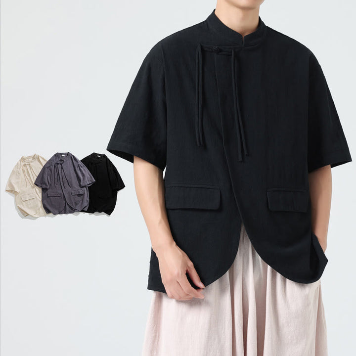 Camisa de algodón de media manga para hombre, estilo cárdigan vintage con diseño de dobladillo irregular, cuello alto y bolsillos, con estampado de Buddha Stones. - Negro - US/UK/AU46, EU56 (5XL) - image 9