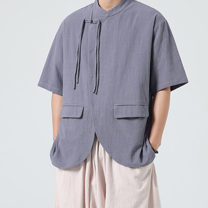 Camisa de algodón de media manga para hombre, estilo cárdigan vintage con diseño de dobladillo irregular, cuello alto y bolsillos, con estampado de Buddha Stones. - image 21