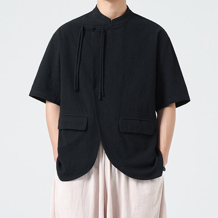 Camisa de algodón de media manga para hombre, estilo cárdigan vintage con diseño de dobladillo irregular, cuello alto y bolsillos, con estampado de Buddha Stones. - image 13