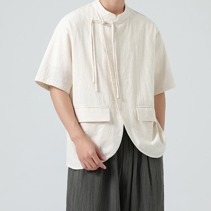 Camisa de algodón de media manga para hombre, estilo cárdigan vintage con diseño de dobladillo irregular, cuello alto y bolsillos, con estampado de Buddha Stones. - image 5