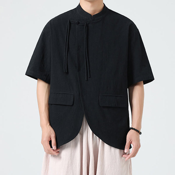 Camisa de algodón de media manga para hombre, estilo cárdigan vintage con diseño de dobladillo irregular, cuello alto y bolsillos, con estampado de Buddha Stones. - image 16