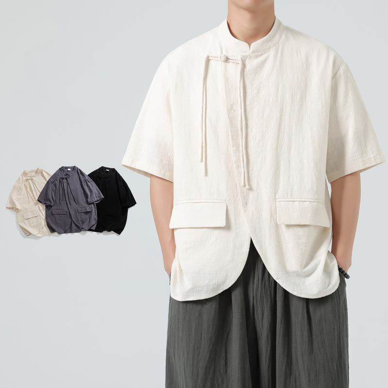 Camisa de algodón de media manga para hombre, estilo cárdigan vintage con diseño de dobladillo irregular, cuello alto y bolsillos, con estampado de Buddha Stones. - image 6