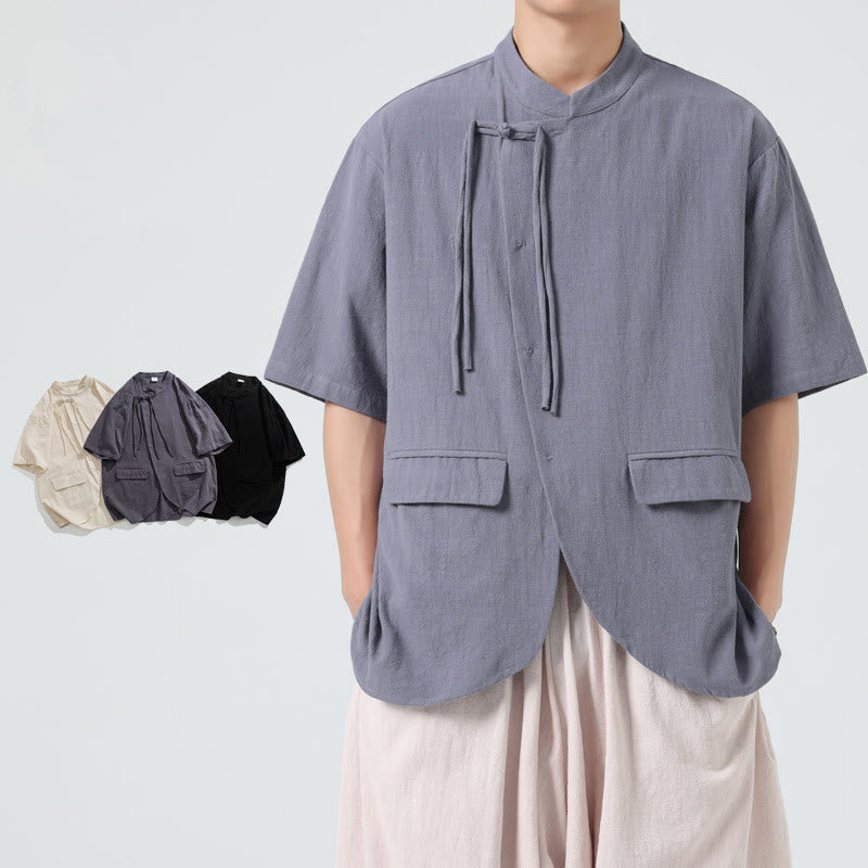 Camisa de algodón de media manga para hombre, estilo cárdigan vintage con diseño de dobladillo irregular, cuello alto y bolsillos, con estampado de Buddha Stones. - Gris pizarra claro - US/UK/AU46, EU56 (5XL) - image 18