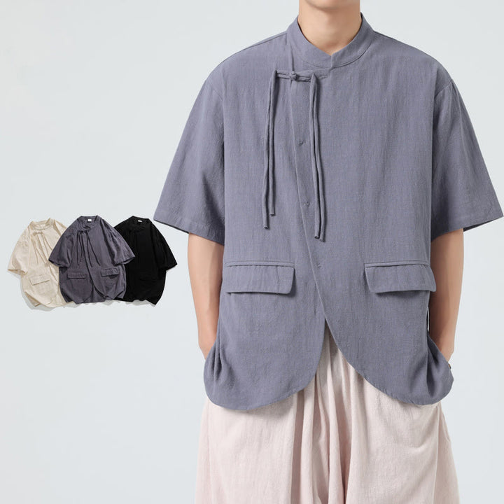 Camisa de algodón de media manga para hombre, estilo cárdigan vintage con diseño de dobladillo irregular, cuello alto y bolsillos, con estampado de Buddha Stones. - Gris pizarra claro - US/UK/AU46, EU56 (5XL) - image 18