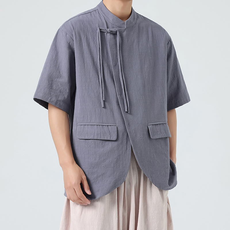 Camisa de algodón de media manga para hombre, estilo cárdigan vintage con diseño de dobladillo irregular, cuello alto y bolsillos, con estampado de Buddha Stones. - image 24