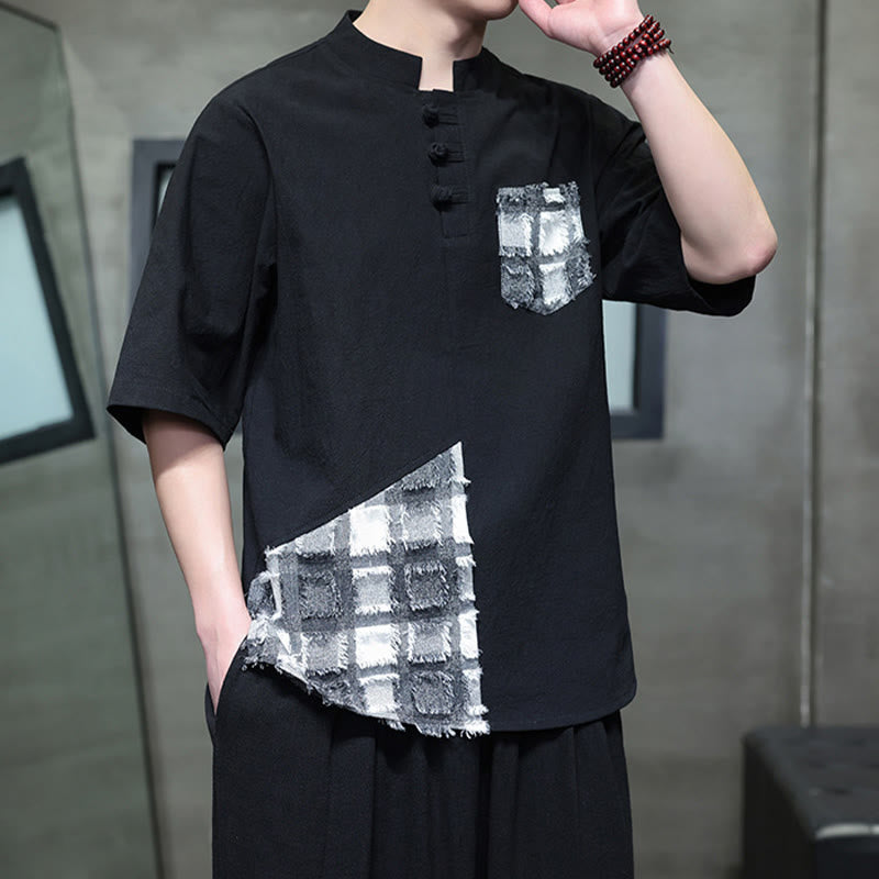 Camisa de algodón de media manga para hombre con cuello alto, diseño de patchwork en contraste de colores vintage de verano y bolsillo con Buddha Stones - Negro - US/UK/AU46, EU56 (5XL) - image 0
