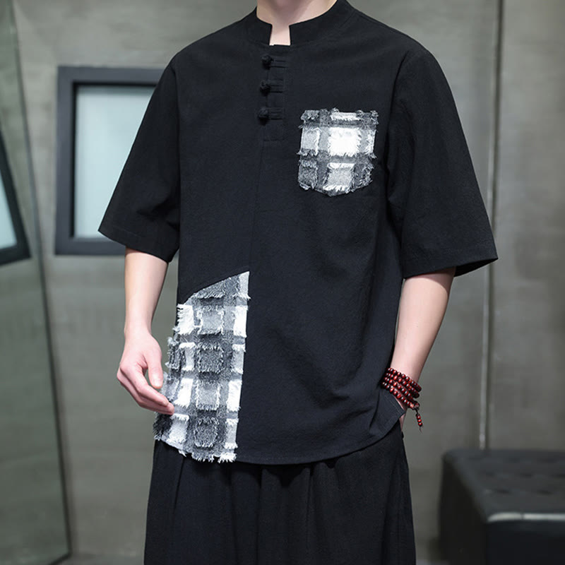 Camisa de algodón de media manga para hombre con cuello alto, diseño de patchwork en contraste de colores vintage de verano y bolsillo con Buddha Stones - image 1