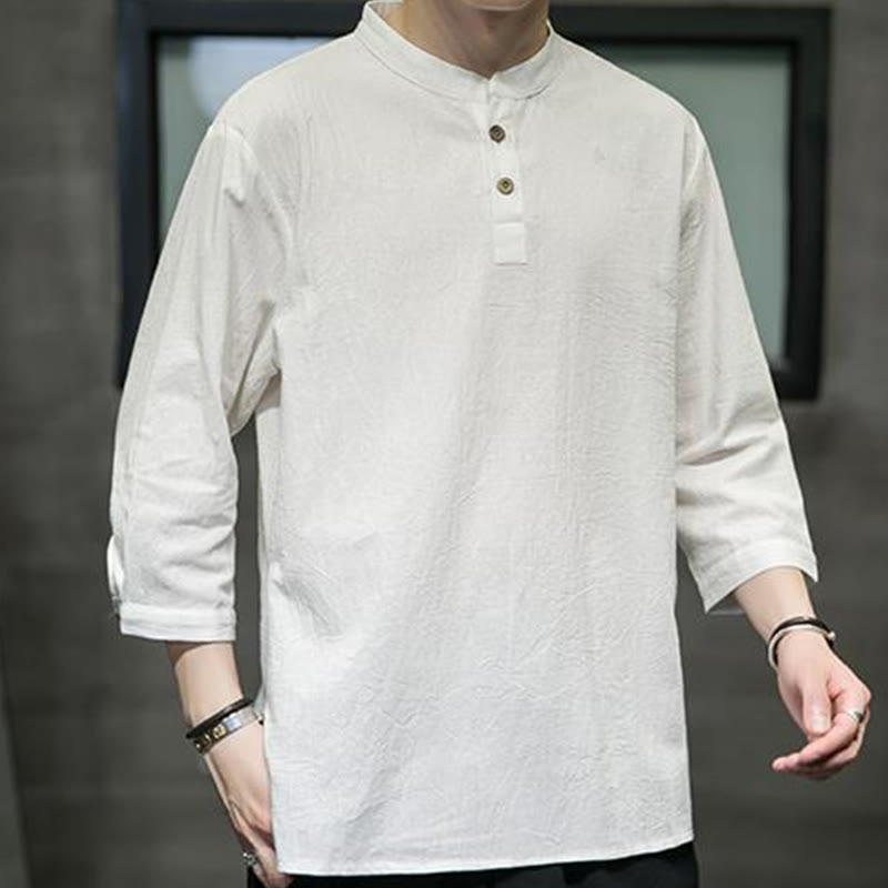 Camisa de lino y algodón con cuello alto, manga tres cuartos, estilo vintage casual, de color puro, para hombre, con Buddha Stones - Beige - US/UK/AU46, EU56 (5XL) - image 0