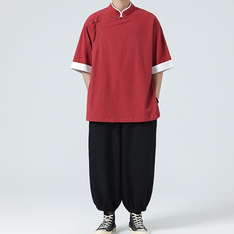 Camisa de lino y algodón de media manga para hombre, diseño vintage de primavera con cuello y tapeta inclinada, con estampado de Buddha Stones - image 33