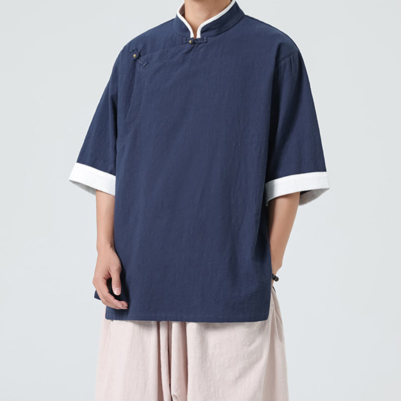 Camisa de lino y algodón de media manga para hombre, diseño vintage de primavera con cuello y tapeta inclinada, con estampado de Buddha Stones - image 1