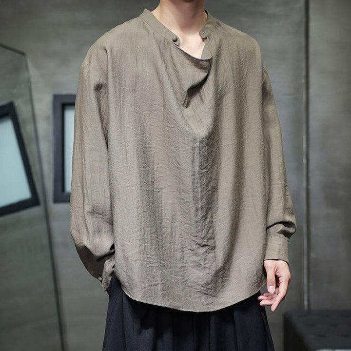 Camisa de lino de manga larga para hombre, traje Tang con cuello alto plisado, color liso, con Buddha Stones , primavera