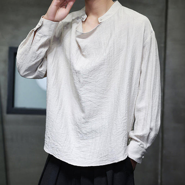 Camisa de lino de manga larga para hombre, traje Tang con cuello alto plisado, color liso, con Buddha Stones , primavera - image 20