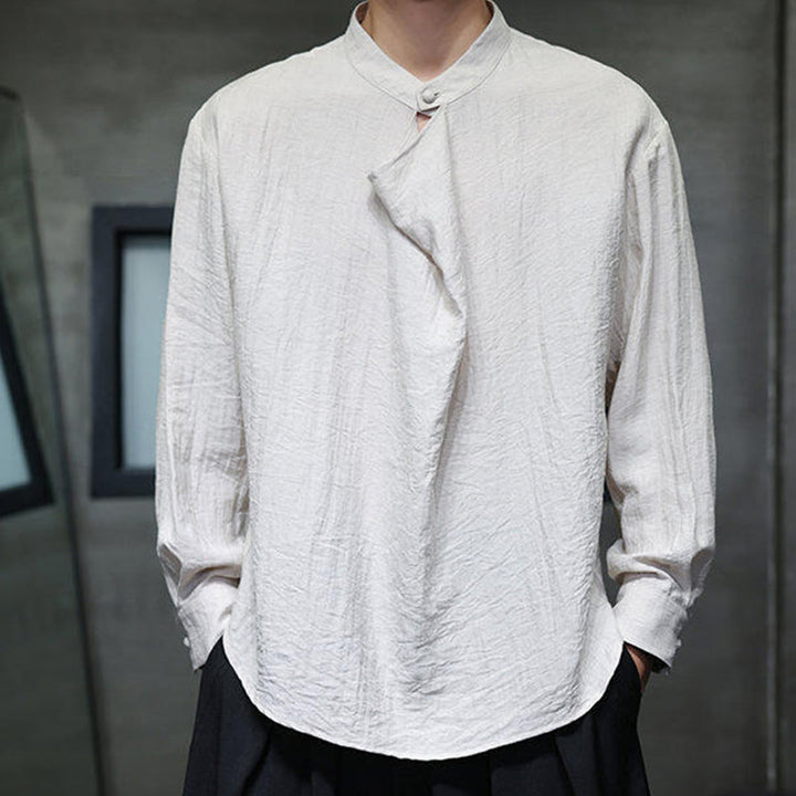 Camisa de lino de manga larga para hombre, traje Tang con cuello alto plisado, color liso, con Buddha Stones , primavera - image 19