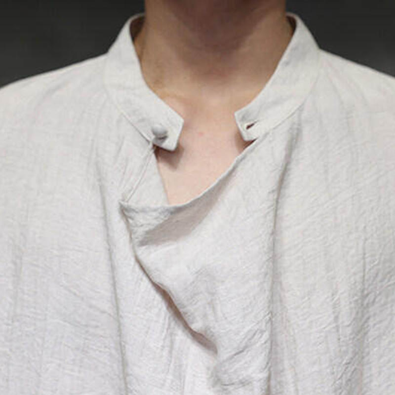 Camisa de lino de manga larga para hombre, traje Tang con cuello alto plisado, color liso, con Buddha Stones , primavera - image 23