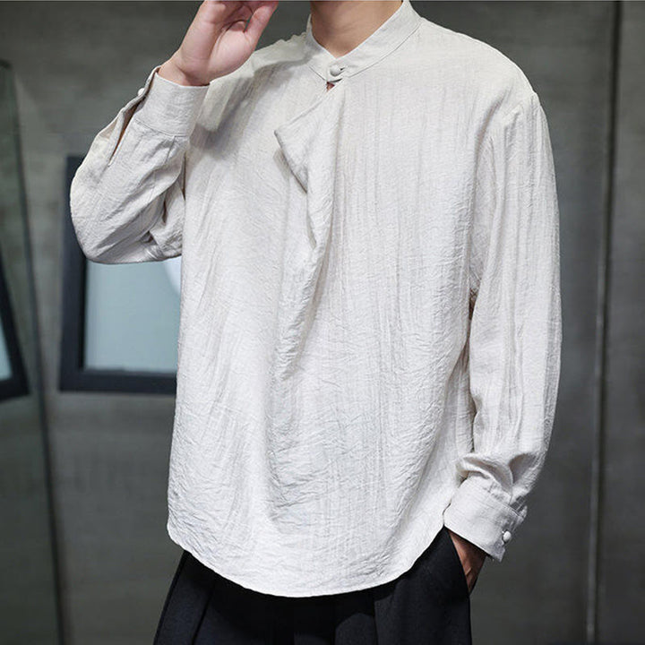 Camisa de lino de manga larga para hombre, traje Tang con cuello alto plisado, color liso, con Buddha Stones , primavera - image 18