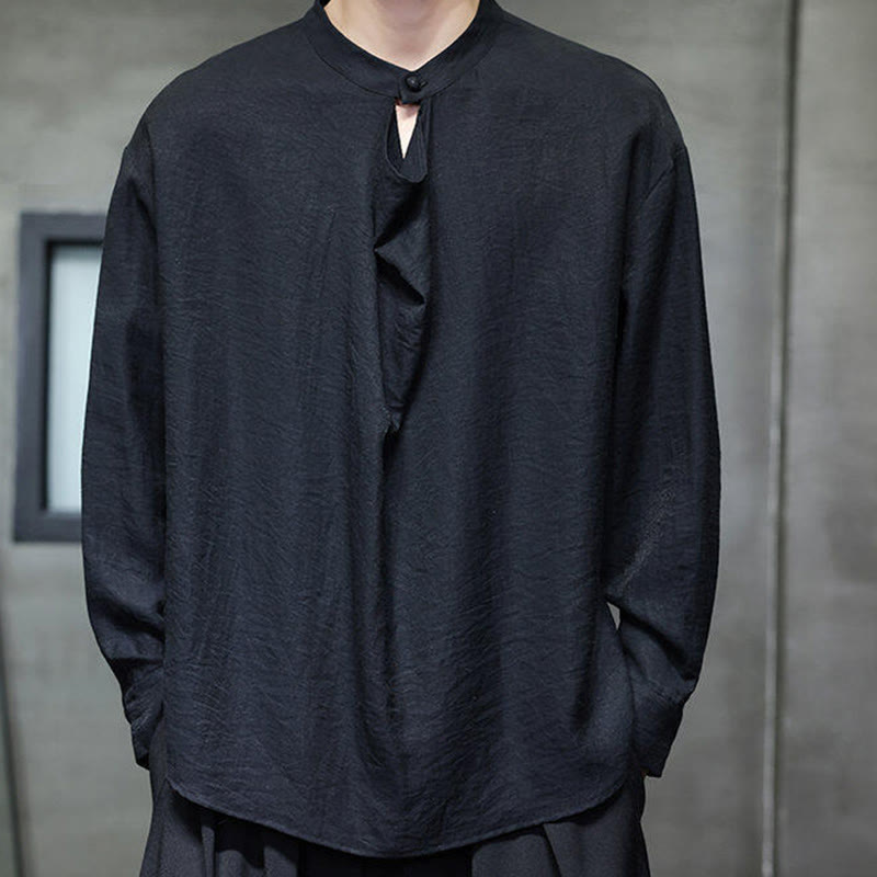 Camisa de lino de manga larga para hombre, traje Tang con cuello alto plisado, color liso, con Buddha Stones , primavera - image 11