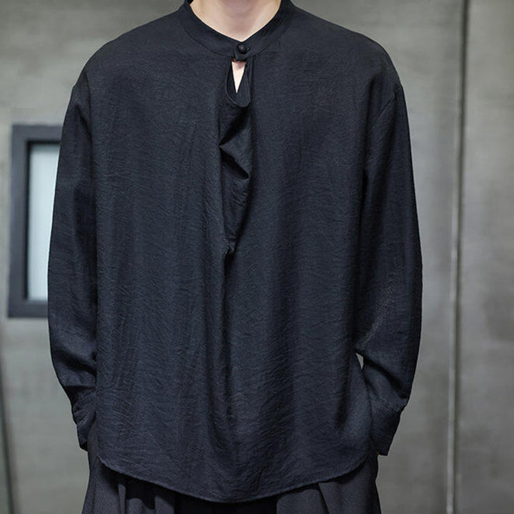 Camisa de lino de manga larga para hombre, traje Tang con cuello alto plisado, color liso, con Buddha Stones , primavera - image 11