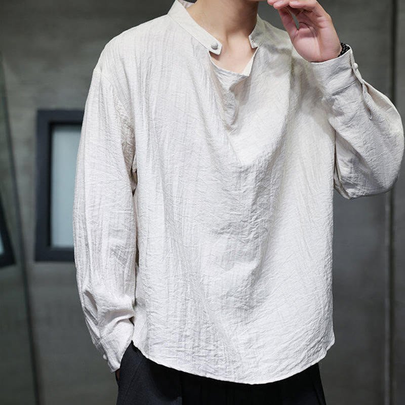 Camisa de lino de manga larga para hombre, traje Tang con cuello alto plisado, color liso, con Buddha Stones , primavera - image 22