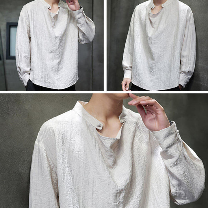 Camisa de lino de manga larga para hombre, traje Tang con cuello alto plisado, color liso, con Buddha Stones , primavera - image 25