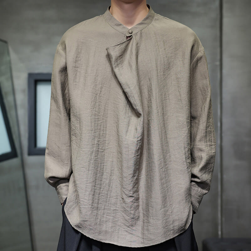 Camisa de lino de manga larga para hombre, traje Tang con cuello alto plisado, color liso, con Buddha Stones , primavera - image 3
