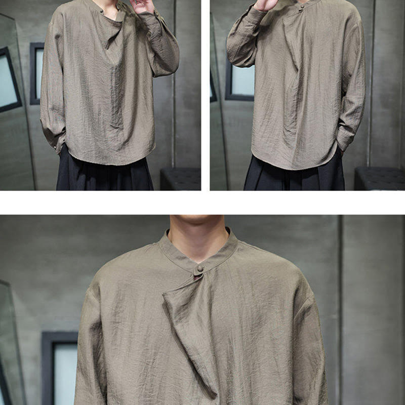 Camisa de lino de manga larga para hombre, traje Tang con cuello alto plisado, color liso, con Buddha Stones , primavera - image 7