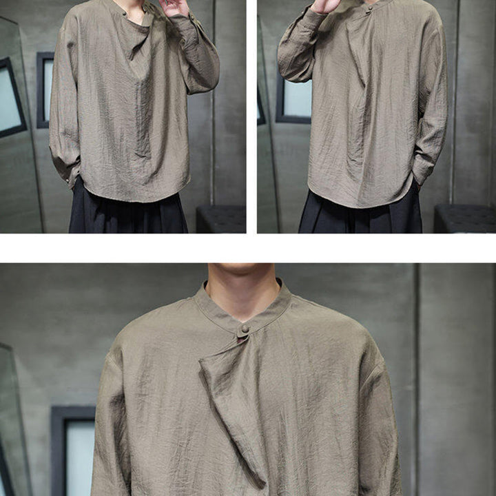 Camisa de lino de manga larga para hombre, traje Tang con cuello alto plisado, color liso, con Buddha Stones , primavera - image 7