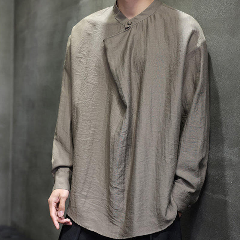 Camisa de lino de manga larga para hombre, traje Tang con cuello alto plisado, color liso, con Buddha Stones , primavera - image 2