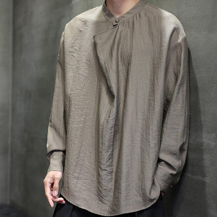 Camisa de lino de manga larga para hombre, traje Tang con cuello alto plisado, color liso, con Buddha Stones , primavera - image 2