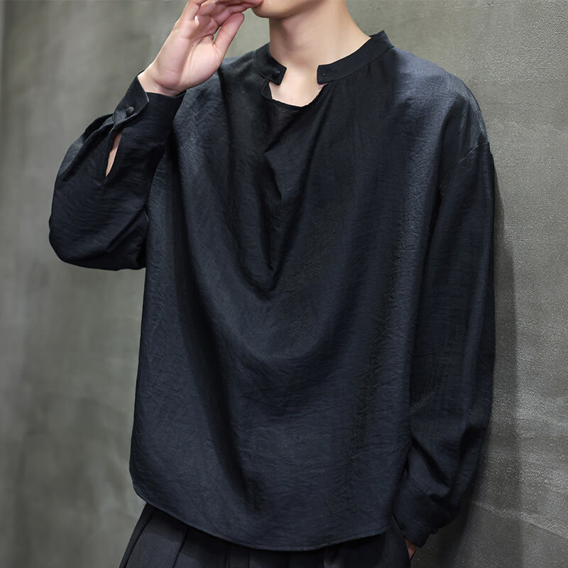 Camisa de lino de manga larga para hombre, traje Tang con cuello alto plisado, color liso, con Buddha Stones , primavera - image 9