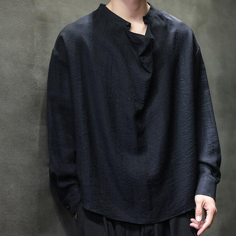 Camisa de lino de manga larga para hombre, traje Tang con cuello alto plisado, color liso, con Buddha Stones , primavera - image 12