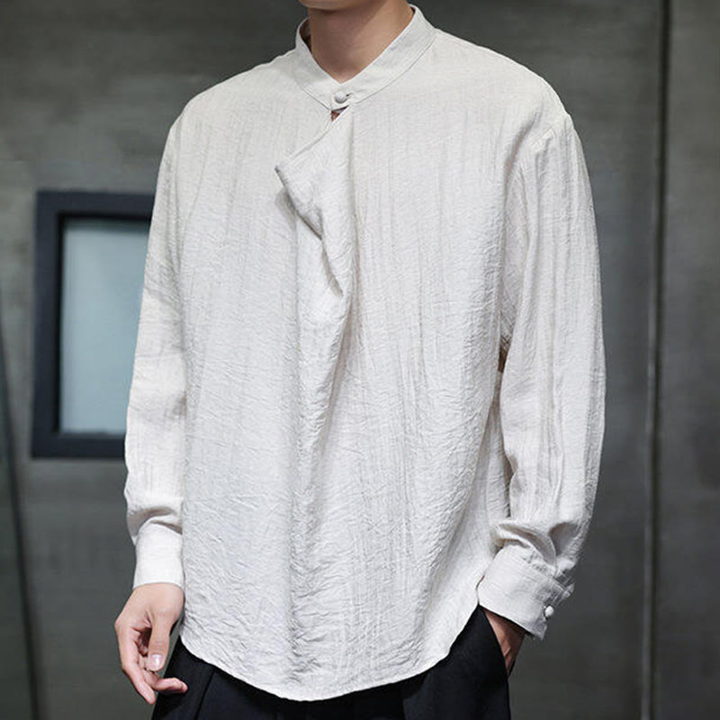 Camisa de lino de manga larga para hombre, traje Tang con cuello alto plisado, color liso, con Buddha Stones , primavera