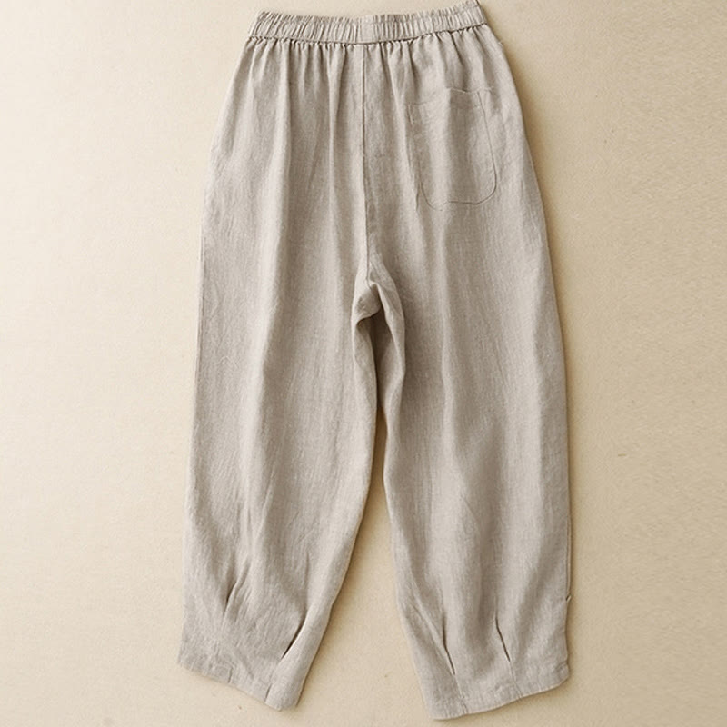 Pantalones de lino y algodón con cintura alta y bolsillos para mujer, con botones de rana y encaje de Buddha Stones Summer