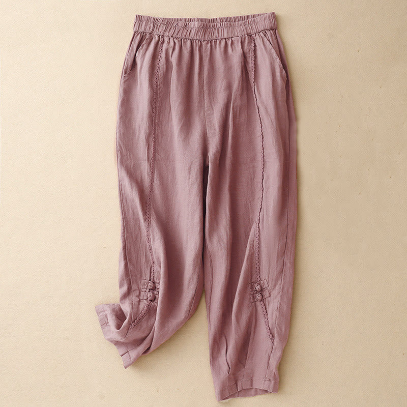 Pantalones de lino y algodón con cintura alta y bolsillos para mujer, con botones de rana y encaje de Buddha Stones Summer