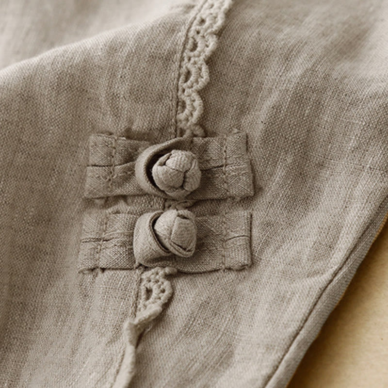 Pantalones de lino y algodón con cintura alta y bolsillos para mujer, con botones de rana y encaje de Buddha Stones Summer - image 5