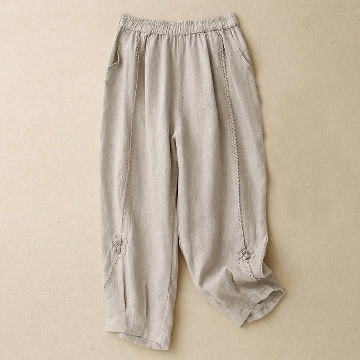 Pantalones de lino y algodón con cintura alta y bolsillos para mujer, con botones de rana y encaje de Buddha Stones Summer